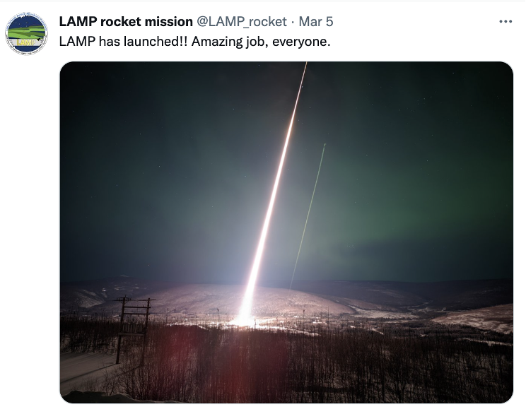 Tweet by LAMP reads "Lamp has launched! Amazing job, everyone" and includes a photo of the rocket launch