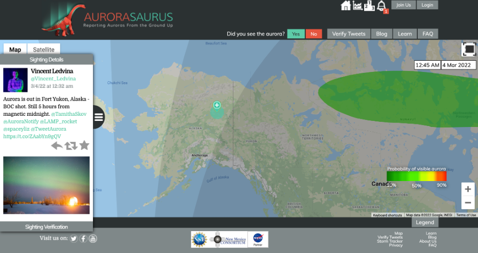 Screenshot of aurora reports map