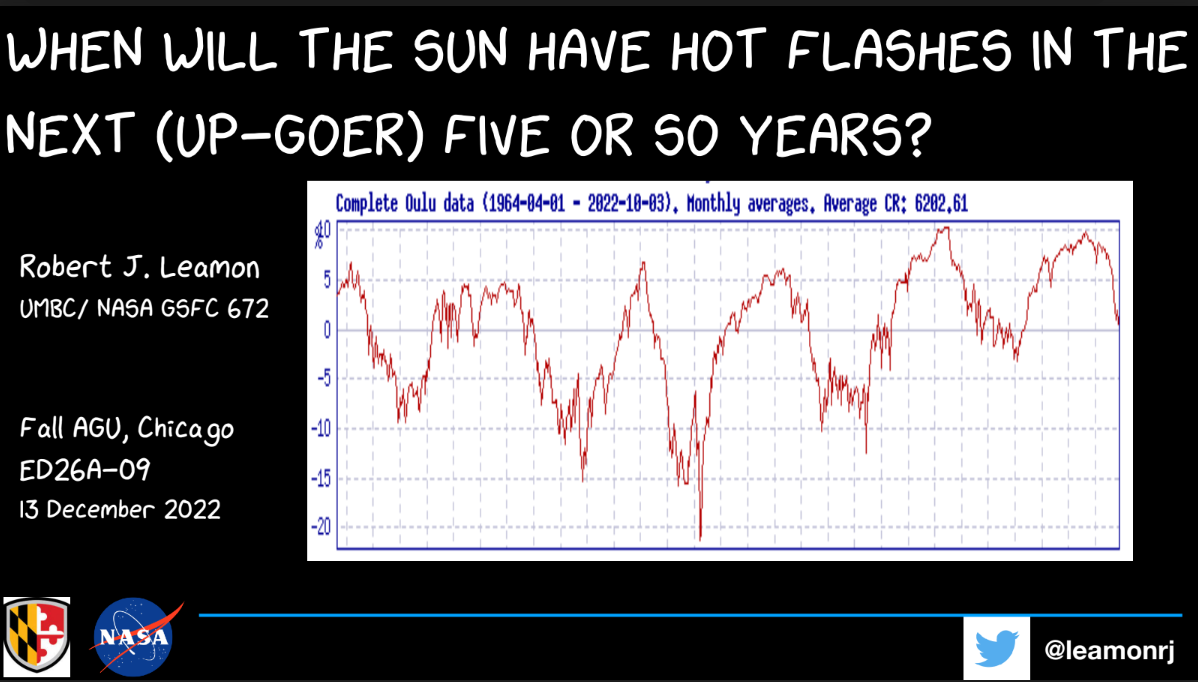 Slide titled "When Will the Sun Have Hot Flashes in the Next (Up Goer) Five or So Years?"
