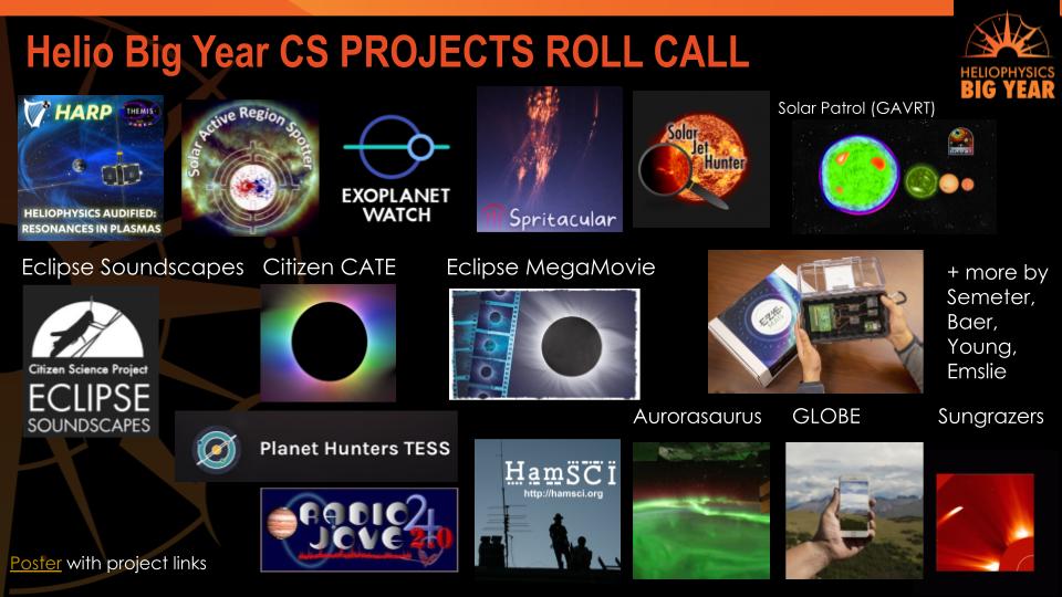 Presentation slide reads "HBY CS Projects Roll Call" and lists projects participating in the HBY