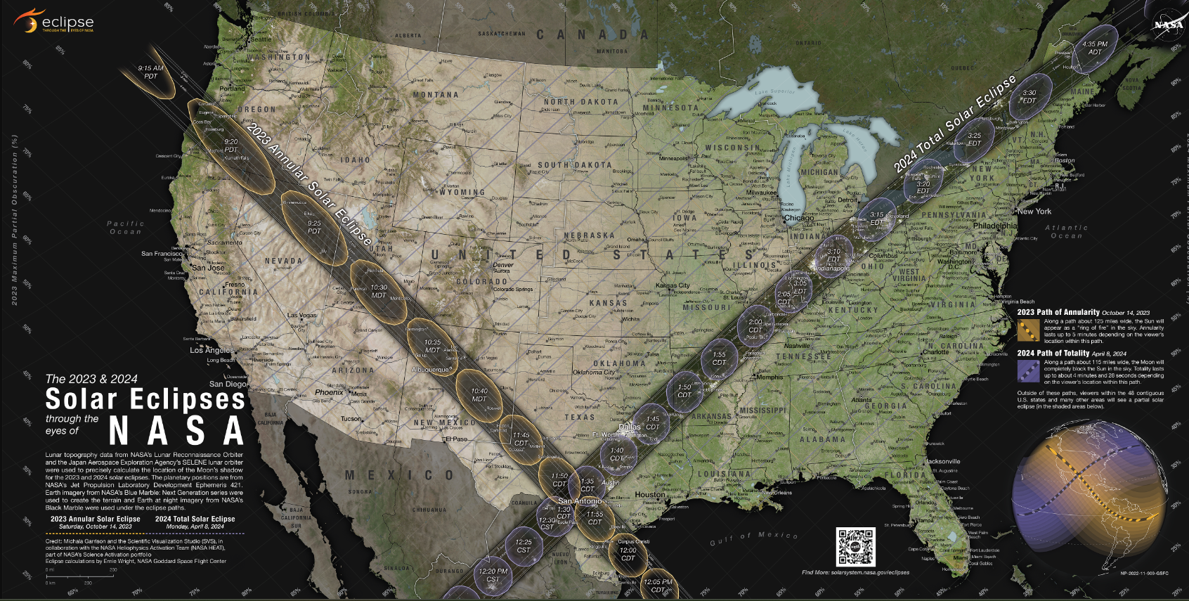 Map of the US shows the 2023 path of annularity stretching from Oregon through Texas, and the 2024 path of totality stretching from Maine through Texas to Mexico.