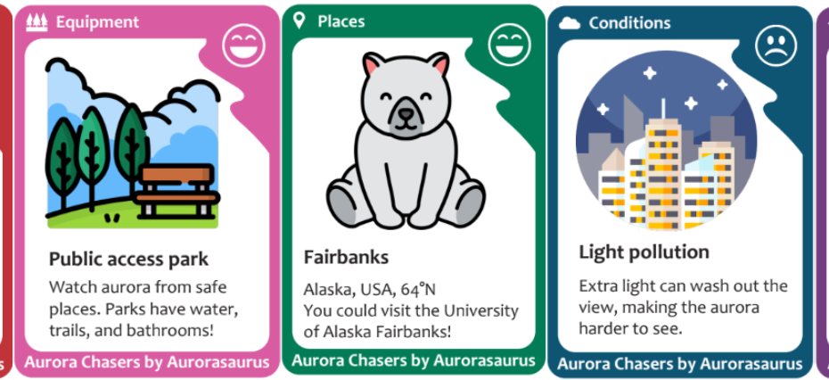 Five cards in a row. 1. Bears! Aurora chsers are guests in wild animals' habitats: practice caution and respect. 2. Public access park: Watch aurora from safe places. Parks have water, trails, and bathrooms! 3. Fairbanks, Alaska, USA 64 degrees North. You could visit the University of Alaska Fairbanks! 4. Light pollution: extra light can wash out the view, making the aurora harder to see. 5. Citizen scientists are seeing aurora. Aurora chasing is best with friends! Get alerts from aurorasaurus.org.