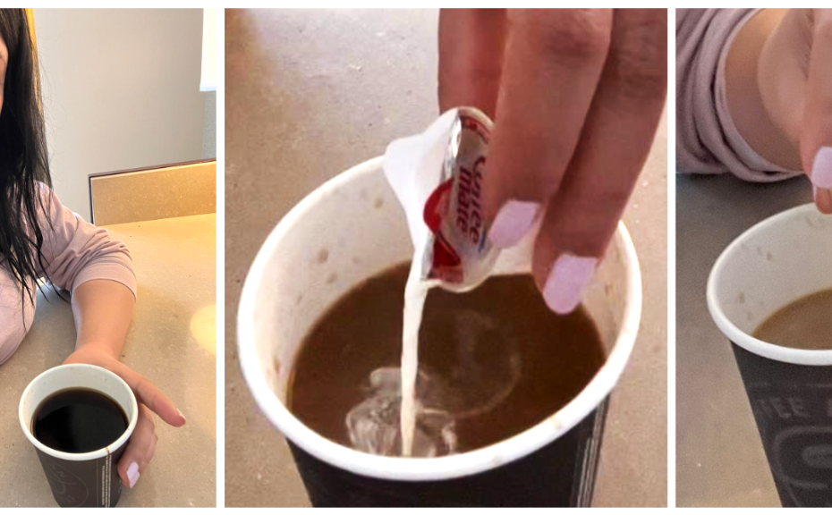 Thre photos show a white woman with dark hair mixing milk into a coffee: first, just plain coffee, then pouring creamer in, creating turbulent swirls, then mixing with a coffee stirrer.