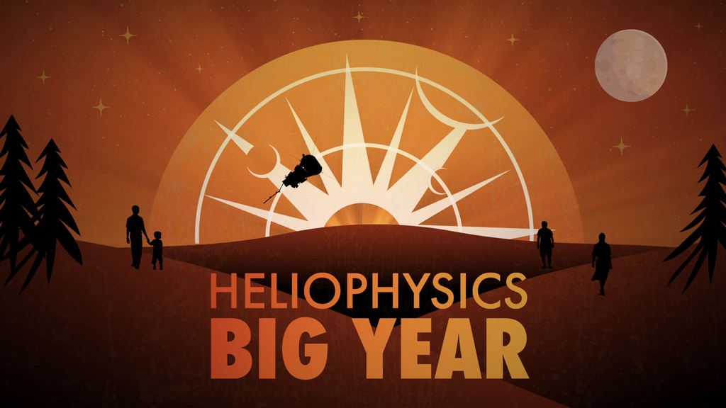 The Heliophysics Big Year logo with its half sun are placed against a hilly orange landscape to look like a sunset or sunrise. Silhouetted people are scattered about, and Parker Solar Probe flies across the Sun in the sky. Further from the Sun in the top corners are stars and a full moon.