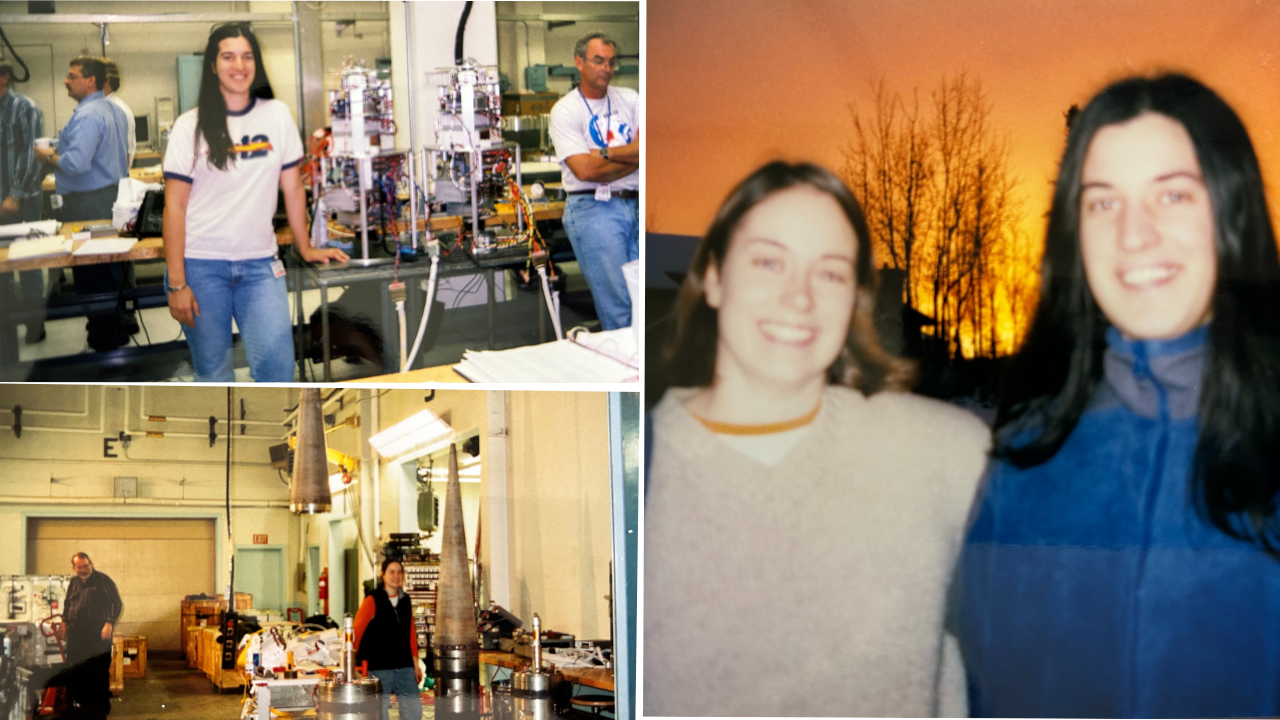 To the left, two pictures of women working in a rocket lab. To the right, two women pose smiling together.