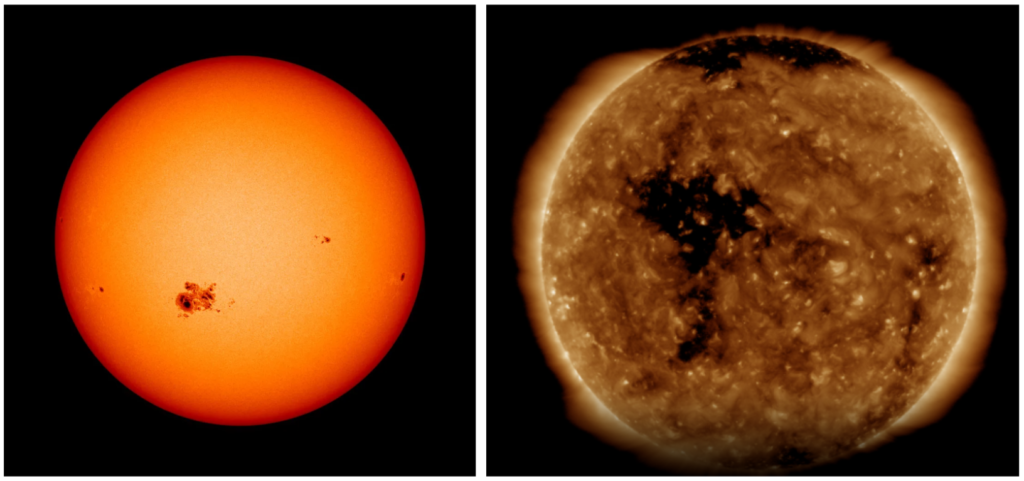 On the left is an orange image of the sun, like an egg yolk, with freckled clusters of sunspots near the center. On the right, a yellow, textured image of the Sun with large dark patches at the top, bottom, and center: coronal holes. 