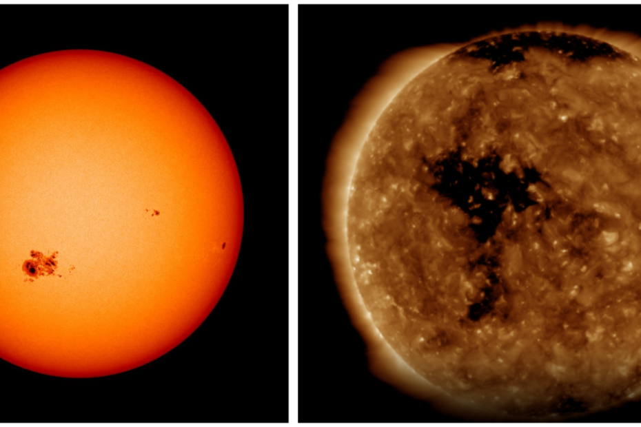 Two images of the Sun: one shows sunspots, the other coronal holes.