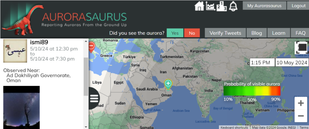 The Aurorasaurus site shows an aurora report from Oman on May 10, 2024