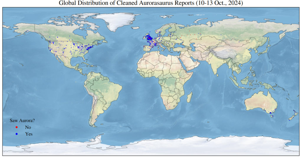 A map of the world shows "yes" and "no" reports from the October 2024 storm clustered around Europe, the US, Canada, southern Australia, and New Zealand. There are fewer reports than in May. 