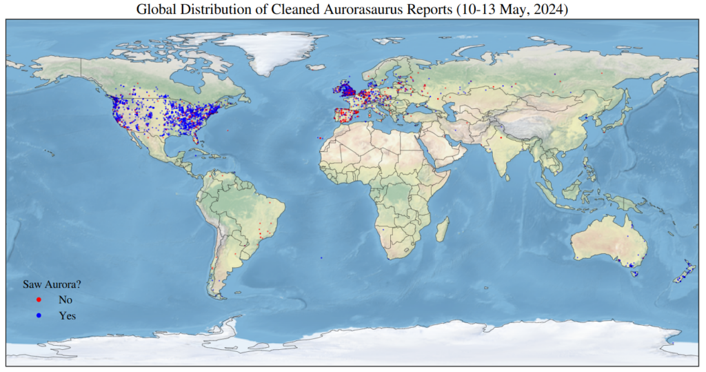 A map of the world shows "yes" and "no" reports from the May 2024 storm clustered around Europe, the US, Canada, southern Australia, and New Zealand