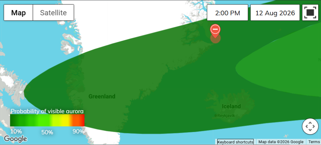 Aurorasaurus map showing a small probability of visible aurora over Greenland and Iceland. A report from off the coast of Greenland says the observer did not see aurora.
